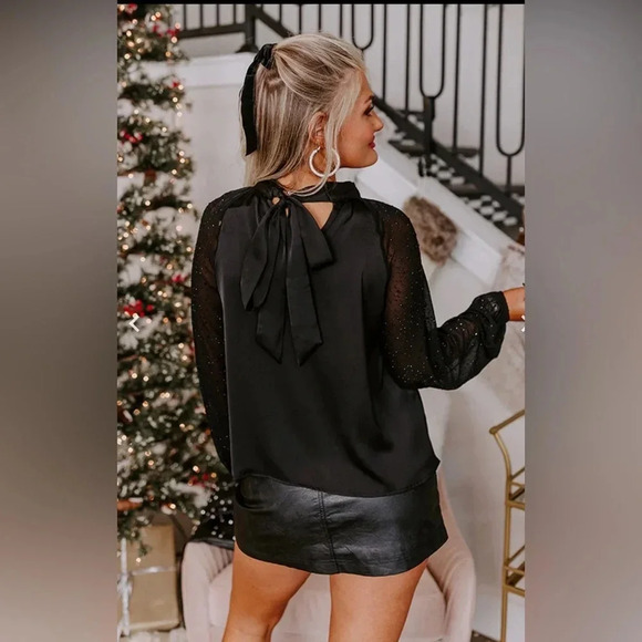Strut & Bolt Mock Neck Satin Sheer Sleeve with Rhinestones Back Tie Detail Top - Picture 5 of 14